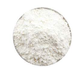 Bowl with flour on white background