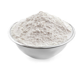 Bowl with flour on white background