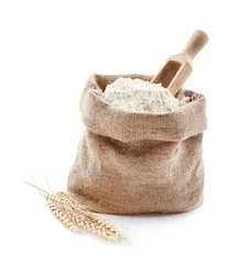 Foto op Aluminium Bag with flour and wooden scoop on white background © Africa Studio