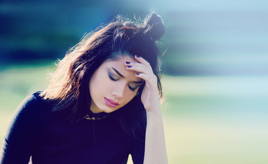 Sad Stressed Young Woman with Headache