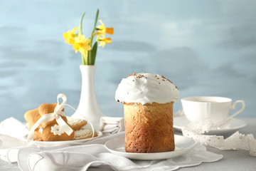 Beautiful composition with Easter cake on blurred background