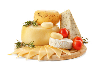 Wooden board with tasty cheese on white background