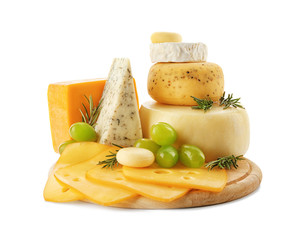 Wooden board with tasty cheese on white background