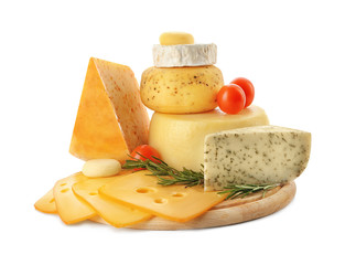 Wooden board with tasty cheese on white background