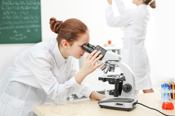 Beautiful school girl looking through microscope in chemistry class © Africa Studio