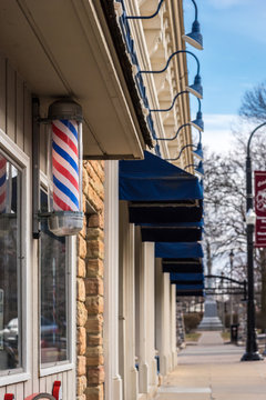 Barbershop pole and awnings streetscape
