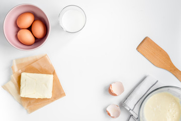 cooking pancake on white background top view ingredients for making
