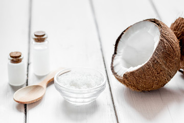 organic cosmetics concept with coconut on table background mockup