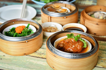 yumcha, dim sum in bamboo steamer,