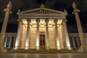 Obraz premium Night Panoramic view of Academy of Athens, Attica, Greece