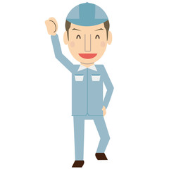 かわいい若い短髪作業員　さわやか　ブルーの制服　笑顔でエイエイオー