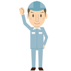 かわいい若い短髪作業員　さわやか　ブルーの制服　頬笑みガッツポーズ