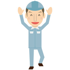 かわいい若い短髪作業員　さわやか　ブルーの制服　万歳