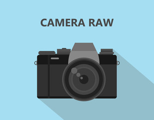 Camera RAW format file illustration with camera icon with shadow and blue background