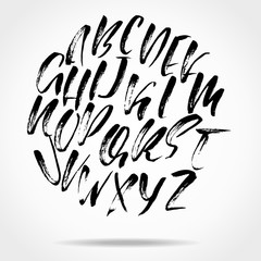 Hand drawn font made by dry brush strokes. Modern brush lettering. Grunge style alphabet. Vector illustration.