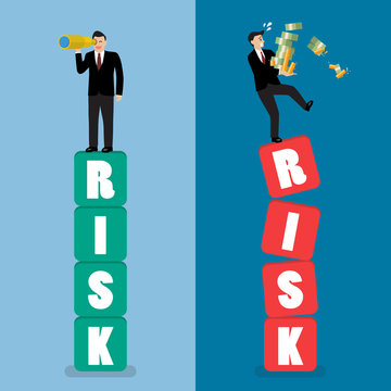 Two businessman standing on risk blocks
