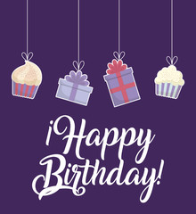 happy birthday card with related icons hanging over purple background. colorful design. vector illustration