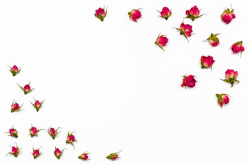 frame for text from dried flowers of rose on white background.