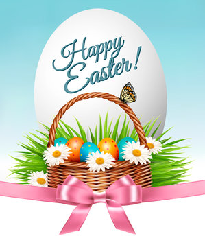 Happy Easter background. Colorful eggs and basket on green grass. Vector.