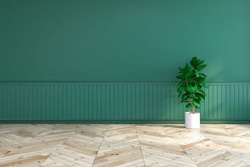 green interior ,empty room with  plant on wood flooring and dark green wall /3d render
