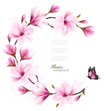Nature background with blossom branch of pink flowers. Vector