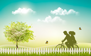 Naklejka na ściany i meble Spring nature meadow landscape with a bicycle and silhouette. Vector.