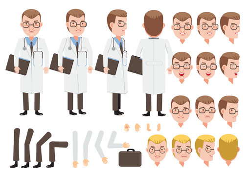 Male Doctor character creation set. Icons with different types of faces and hair style, emotions,  front, rear, side view of male person. Moving arms, legs. Vector illustration