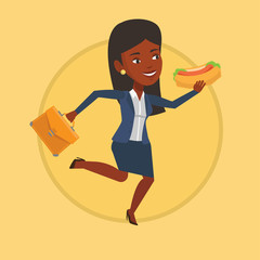 Business woman eating hot dog vector illustration.