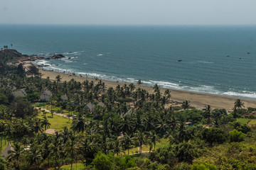 Fototapeta na wymiar Vagator Beach, aerial view from Chapora fort in North Goa, India