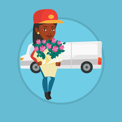 Delivery courier holding bouquet of flowers.
