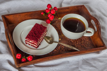 Breakfast in bed. Cup, coffee, red, velvet, cake