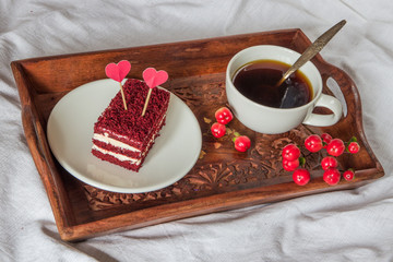 Breakfast in bed. Cup, coffee, red, velvet, cake