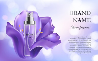 Vector 3D illustration poster with anti-aging moisturizing cosmetic premium product, background with beautiful spray bottle, violet flower and bokeh effect