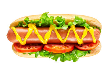 Hotdog with big sausage and fresh tomato isolated on white background