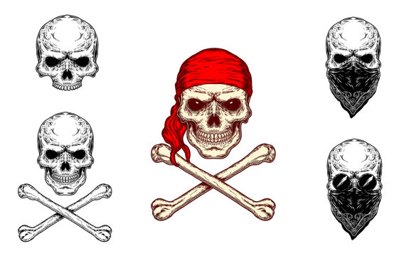 Vector illustration of a skull in red bandana and crossbones and a set of different black and white skulls. Print for T-shirts