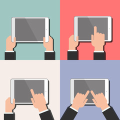 A tablet in the hands. Navigation, use. Vector flat