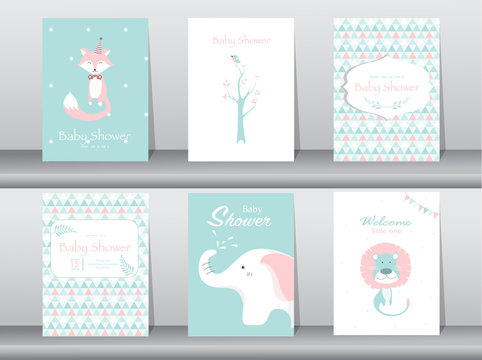 Set of baby shower invitation cards,poster,template,greeting cards,animal,Vector illustrations