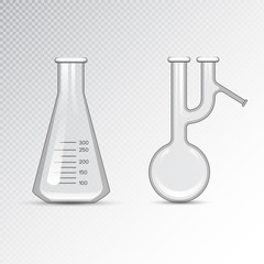 Chemical laboratory 3d lab flask glassware tube liquid biotechnology analysis and medical scientific equipment vector illustration.