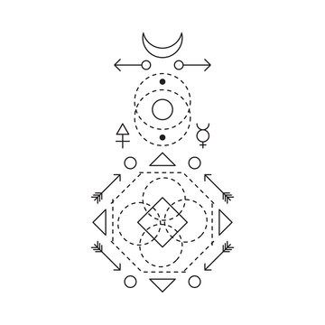 Symbol of alchemy and sacred geometry. Linear character illustration for lines tattoo on the white isolated background. Three primes: spirit, soul, body and 4 basic elements: Earth, Water, Air, Fire.
