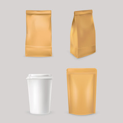 Set of icons for fast food packaging - paper bags and styrofoam cup. Ready for your design.