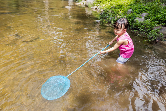Asian Chinese little girl catching fish with fishing net