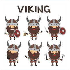 Set vikings in helmet with horns in cartoon style. Collection isolated vikings in different poses on white background. - 142302352