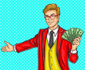  illustration pop art man makes a inviting gesture