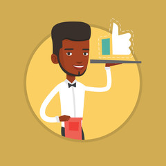 Waiter with like button vector illustration.