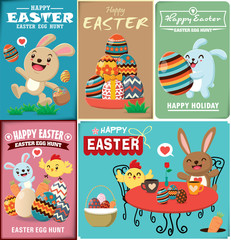Vintage Easter Egg poster design with Easter rabbit, chicken