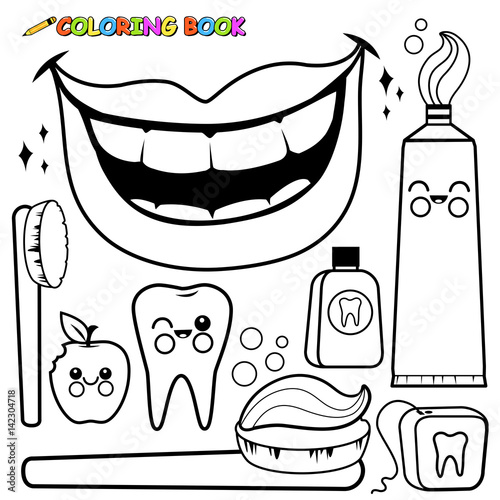 Dental Hygiene Vector Set Black And White Coloring Page