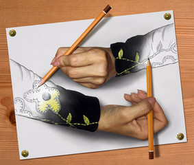 Two women's hands draw each other. © iridi66