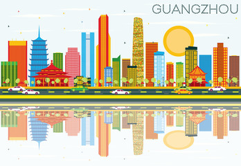 Guangzhou Skyline with Color Buildings, Blue Sky and Reflections.