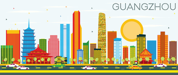 Fototapeta premium Guangzhou Skyline with Color Buildings and Blue Sky.