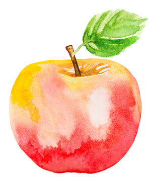 light red apple with green leaf. watercolor illustration